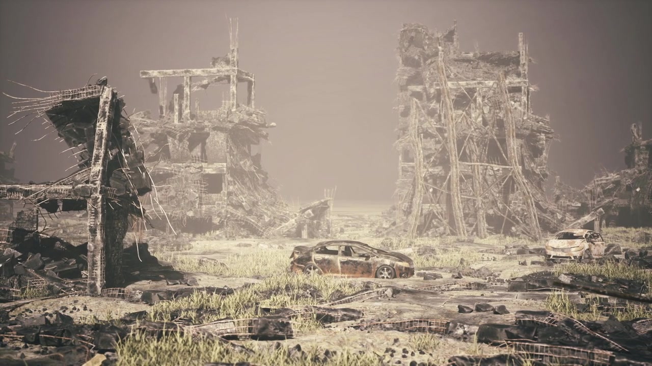 Vast deserted boulevard bordered by decay and shrouded in misty quietude