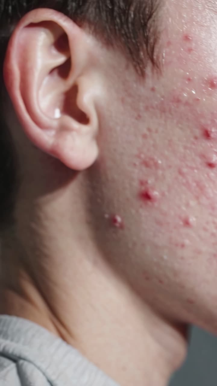 Close-up side angle of a person's cheek with acne, highlighting skin texture