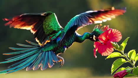 colorful peacock in flight feeding on hibiscus flower