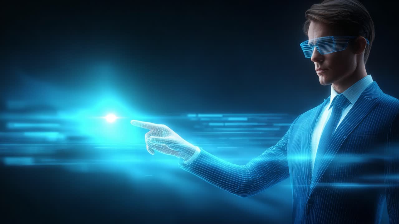 A Futuristic Vision: A Professional Businessman Interacting with Holographic Technology, Showcasing Innovation and Progress in the Digital Age of Technology