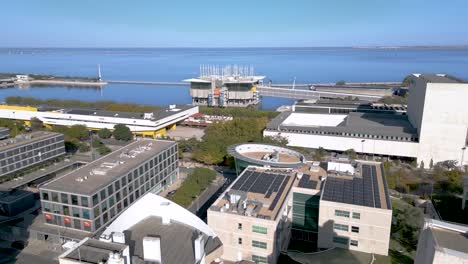 orbital view over lisbon oceanarium and tejo river in the background