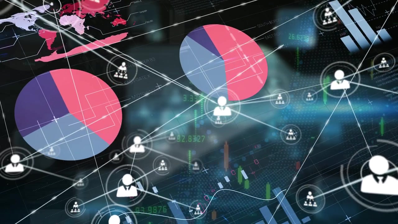 Animation of statistics, data processing and network of connections with people icons