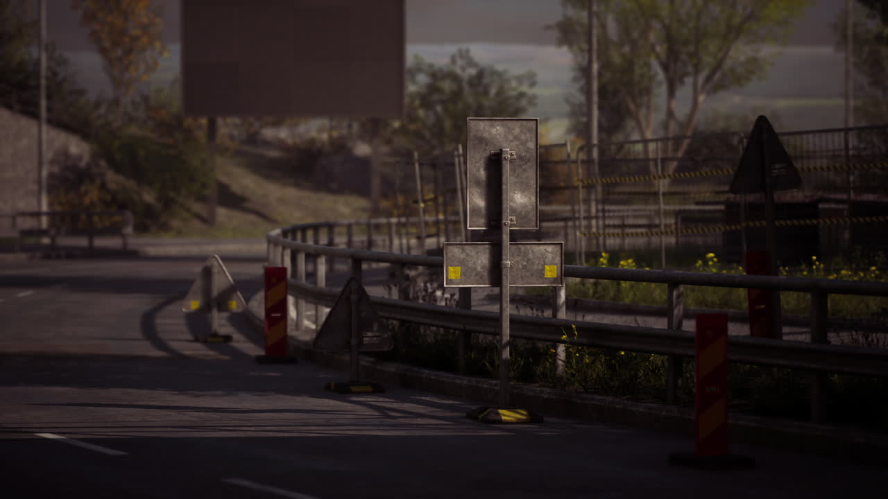 Road under construction with traffic signs and barriers in a quiet area