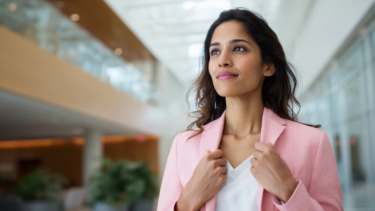 Confident Woman in Business Attire Walking Through Modern Office Space, Exuding Professionalism and Determination While Embracing Her Role in Corporate Environment