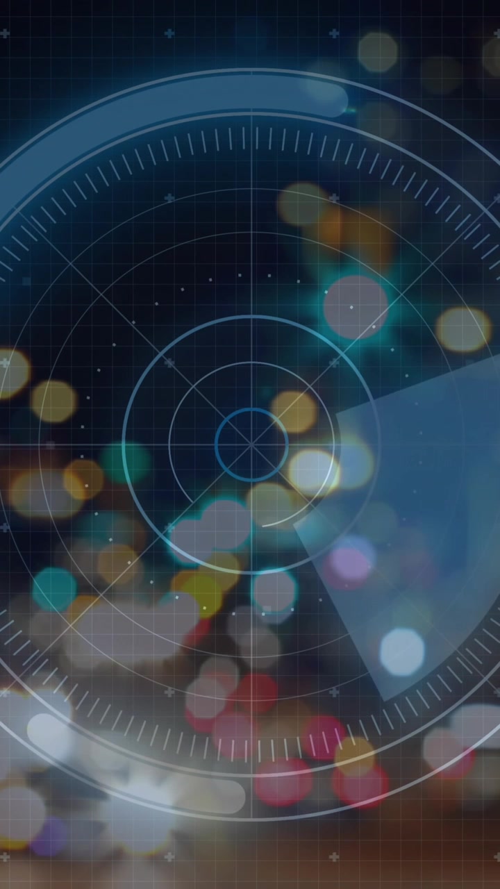 Animation of illuminated radar, graphs, computer language over lens flare and moving vehicles
