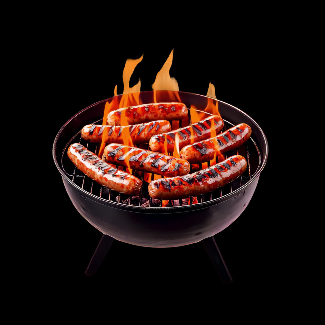 Grilled sausages on flaming barbecue animation isolated asset, transparent 4K video, alpha channel