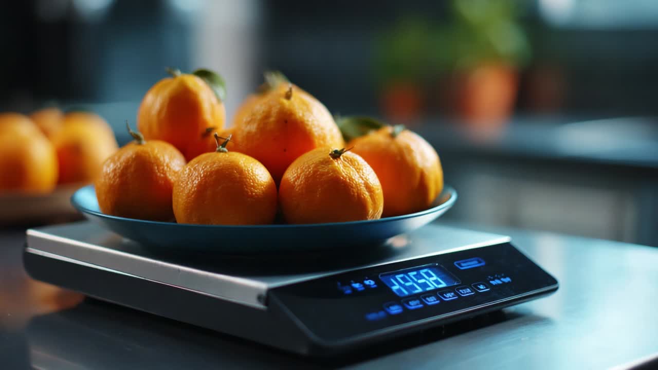A delightful display of fresh oranges meticulously arranged on a digital kitchen scale that showcases their weight and freshness, perfect for adding vibrant flavor to various culinary dishes