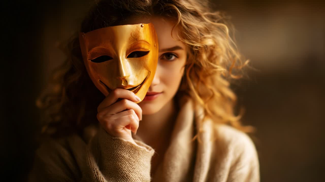 A contemplative young woman holding a golden theatrical mask close to her face, embodying themes of identity, emotion, and the juxtaposition of reality versus performance in a style that inspires introspection