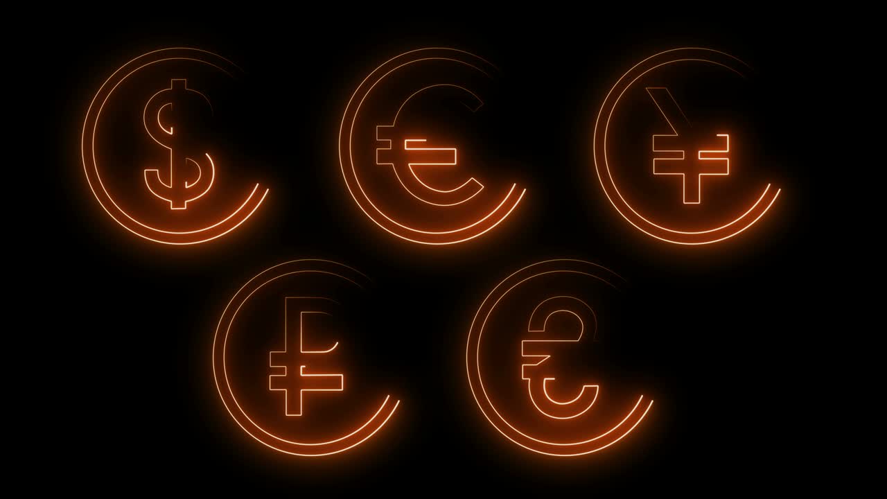 Dynamic glow effects of contours of currencies on a black background