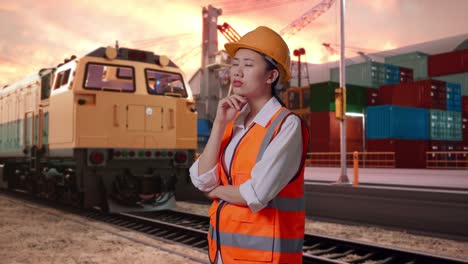 side view of asian female engineer with safety helmet thinking and looking around then raising her index finger with freight cargo train at port