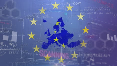 animation of financial data processing over flag of european union