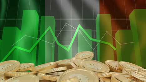 financial growth chart animation over stacks of gold coins with currency symbols