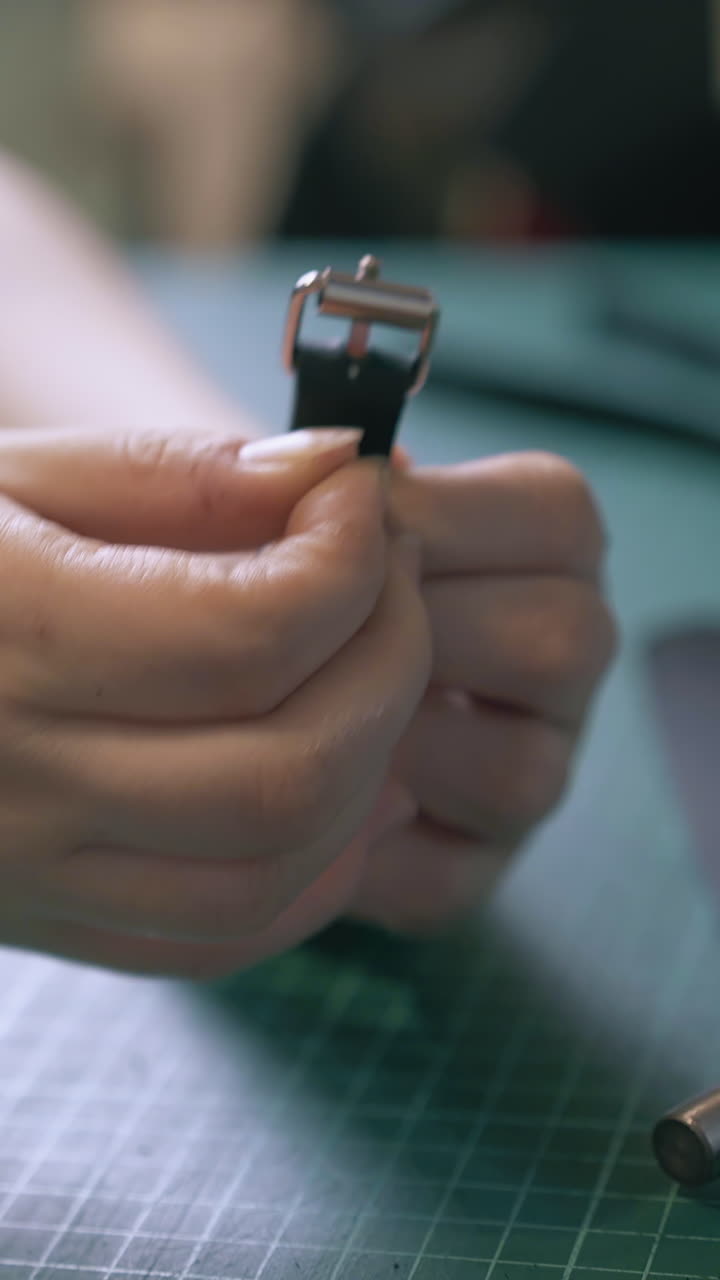 CU: Professional woman tailor sets silver buckle into black leather belt on green cutting board close view