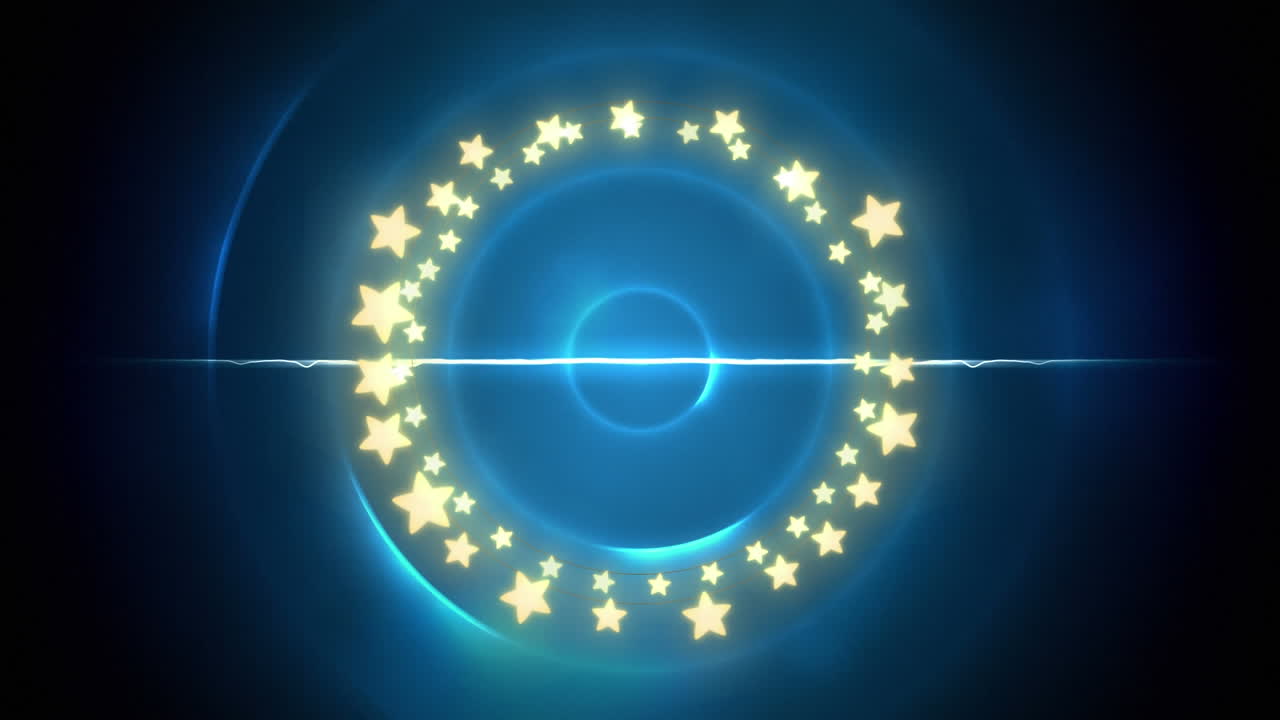 크리스마스 장식의 애니메이션 요정 빛은 파란 원 위에 복사 공간과 함께