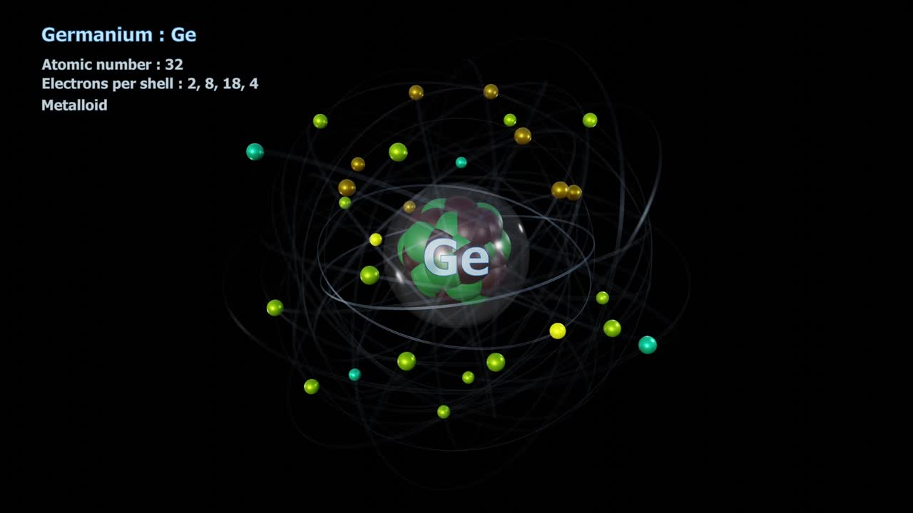 32개의 전자를 가진 게르마 원자는 검은색에 무한한 도 회전을 한다.