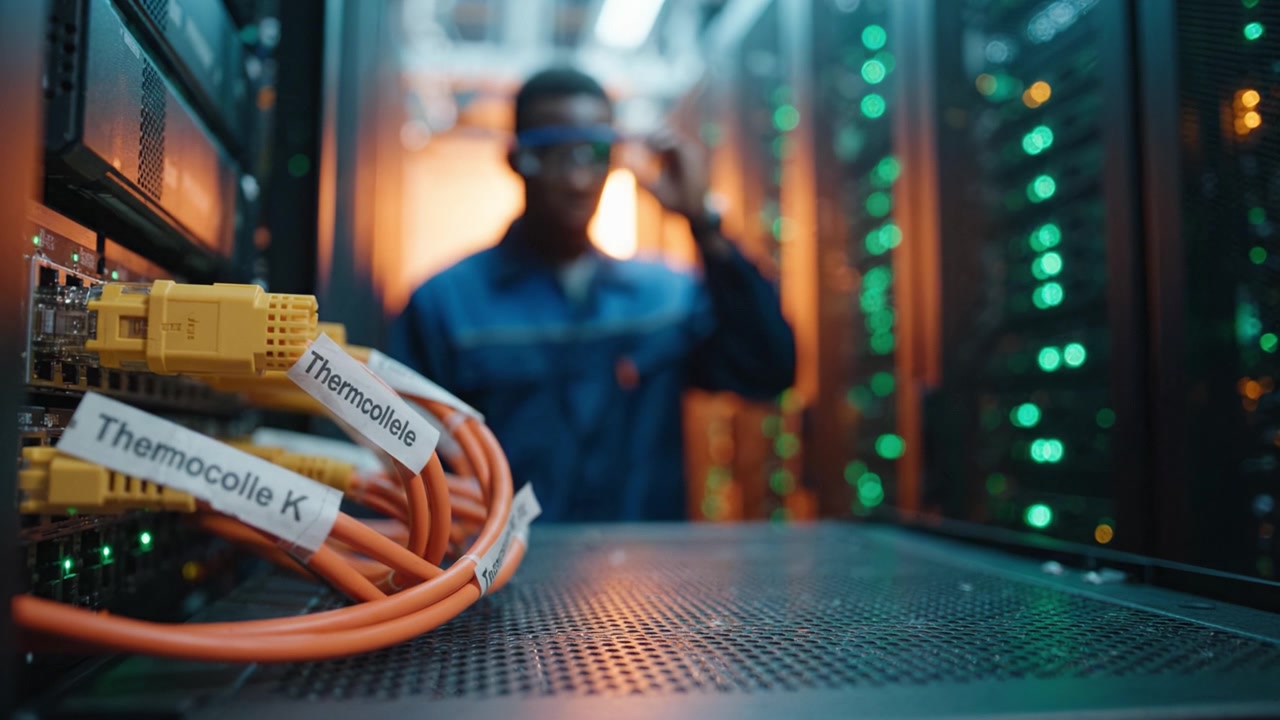 A technician in a data center works with network cables and servers, focusing on enhancing connectivity and monitoring server performance as lights flicker.