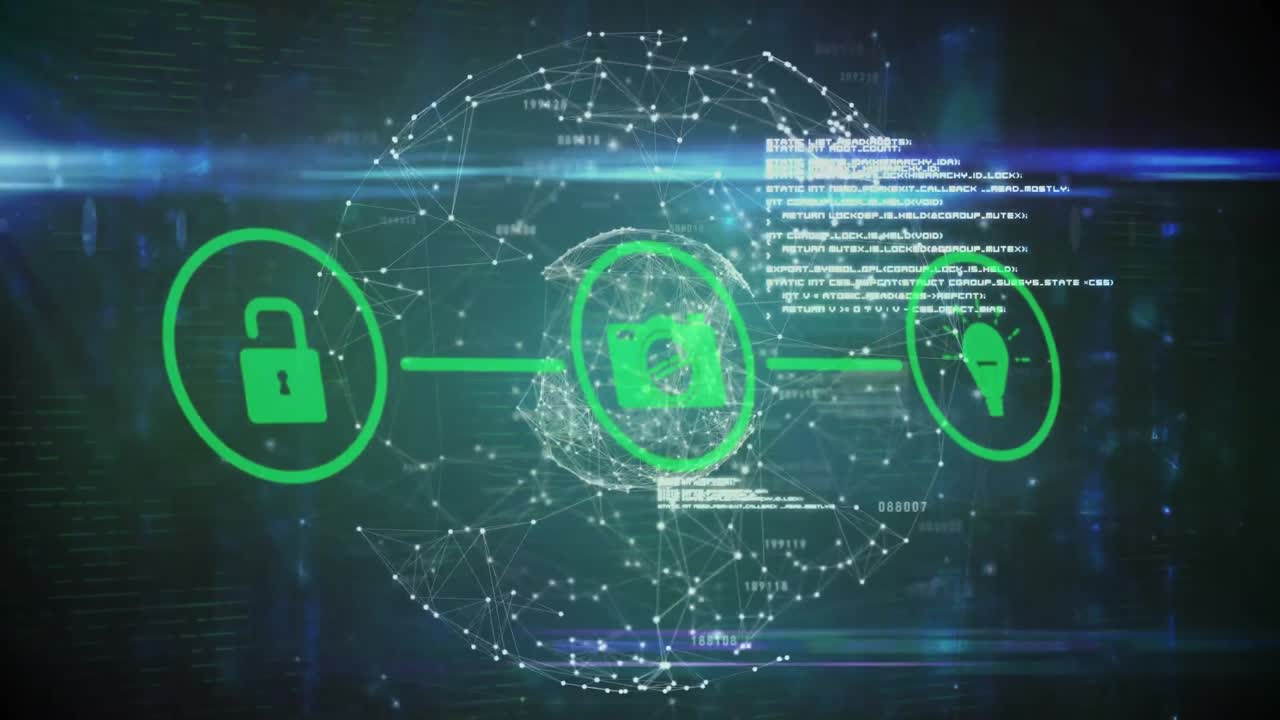 animación de iconos digitales sobre el globo de la red de conexiones y senderos de luz azul