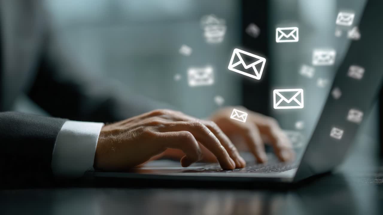 A Professional Hands Typing on a Laptop with Floating Email Icons Symbolizing Digital Communication and Workflow Efficiency, Captured in a Modern Workspace Setting