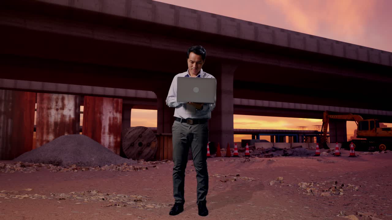 Helkroppsbild av en asiatisk manlig yrkesarbetare som står med sin laptop på en vägbyggarbetsplats och arbetar kontinuerligt