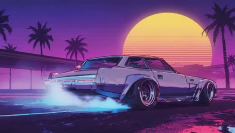 retro synthwave car burnout at sunset