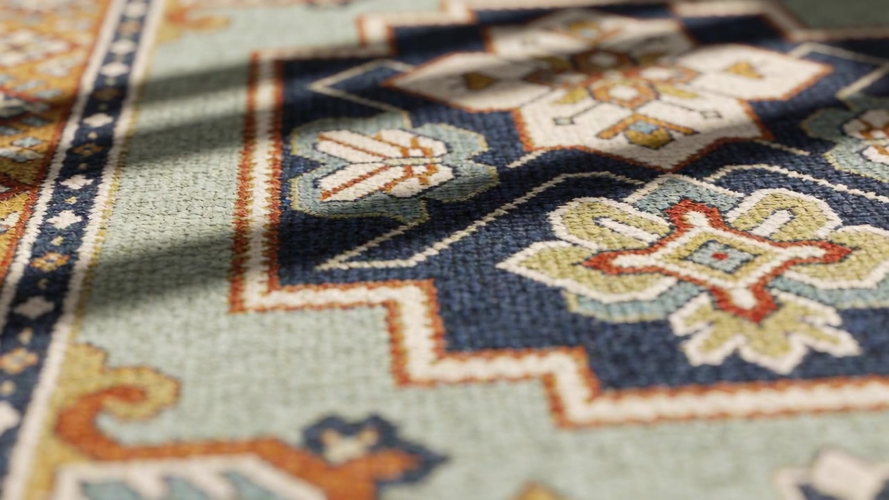 Shifting light through blinds casting angled shadow bands across woven rug at home, showing fibers