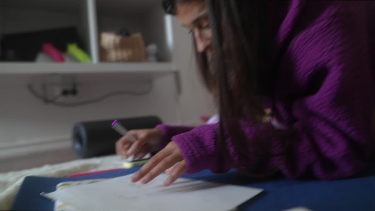 Young Woman Writing on Paper While Lying on the Floor