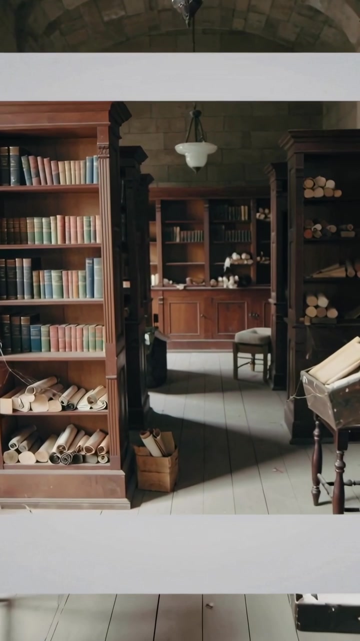 Vertical video: Sliding camera revealing central aisle in archive showing books and maps for study