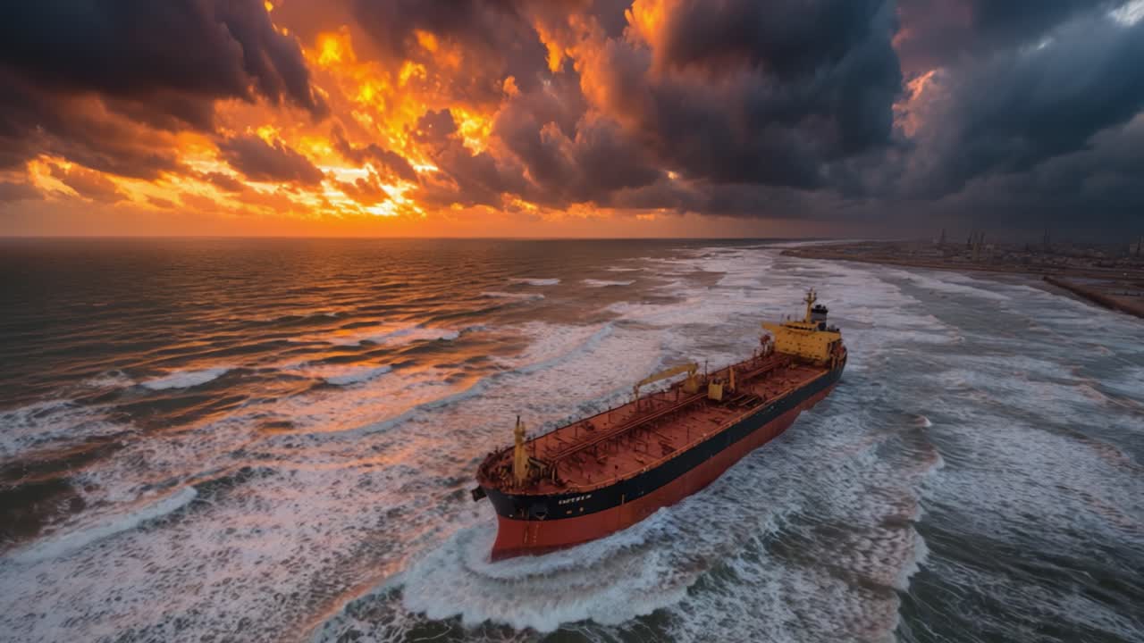 A Majestic Cargo Ship Navigating Through Turbulent Waters Under an Awe-Inspiring Sunset Sky, Capturing the Essence of Nature's Raw Beauty and Maritime Exploration