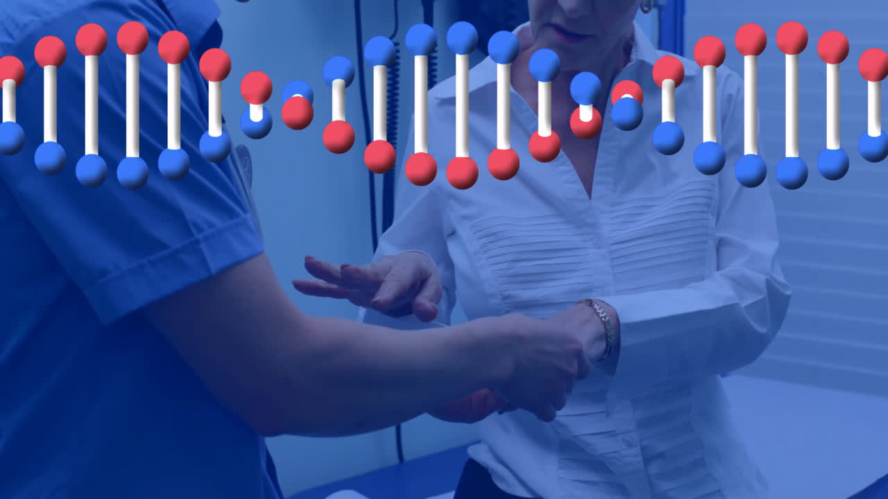 animación de cadena de adn sobre profesionales médicos que interactúan en un entorno clínico