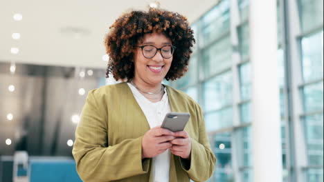 smile, phone and a woman with a chat at work