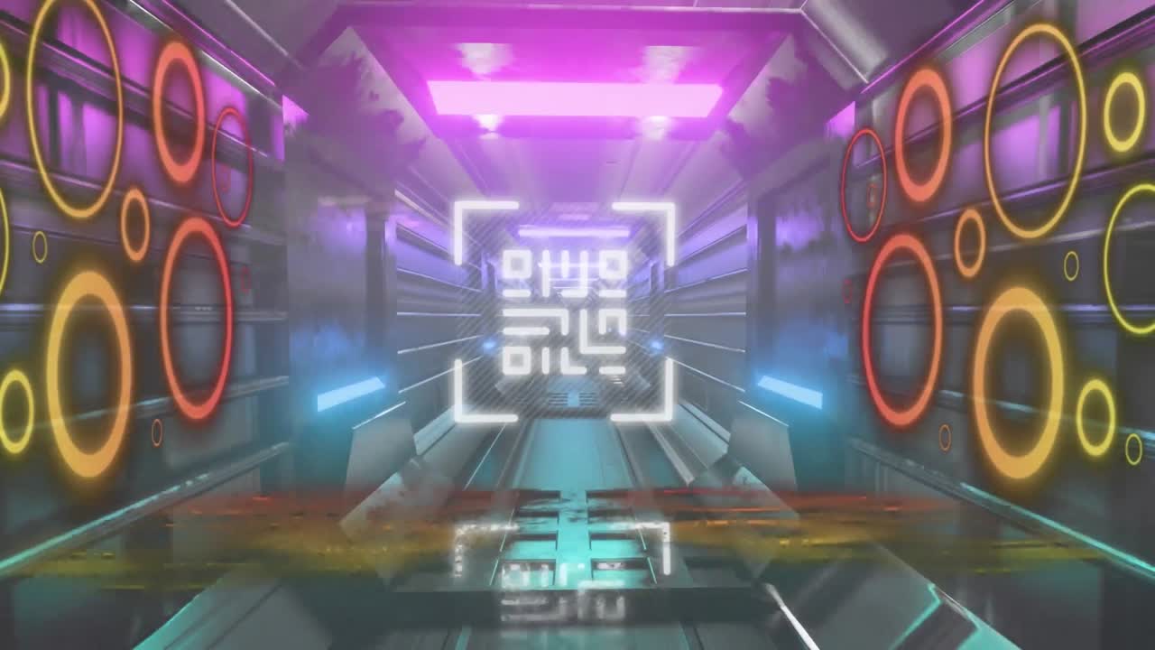 animación del escáner de códigos de barras de neón contra el túnel gris de neón en un patrón sin costuras