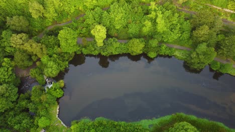 aerial over lake with waterfall and paths, green trees