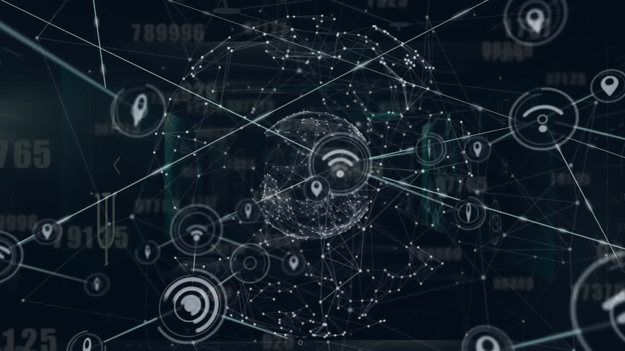 Animation of connected icons, dots forming globes and changing numbers over black background