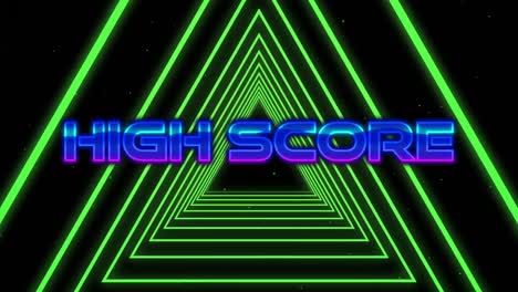 Animation-Von-Highscore-Text-über-Neondreiecken-Auf-Schwarzem-Hintergrund