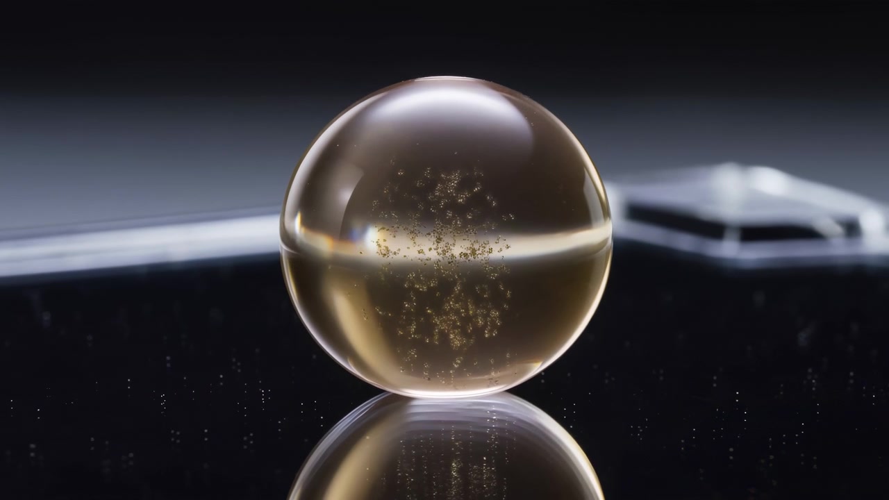 Sphère de verre transparente reposant sur une surface de miroir sombre et réfléchissante, avec des particules dorées se déplaçant à l'intérieur en une forme verticale lâche, un chatoiement subtil, une lumière douce de studio, un contraste raffiné et élégant.