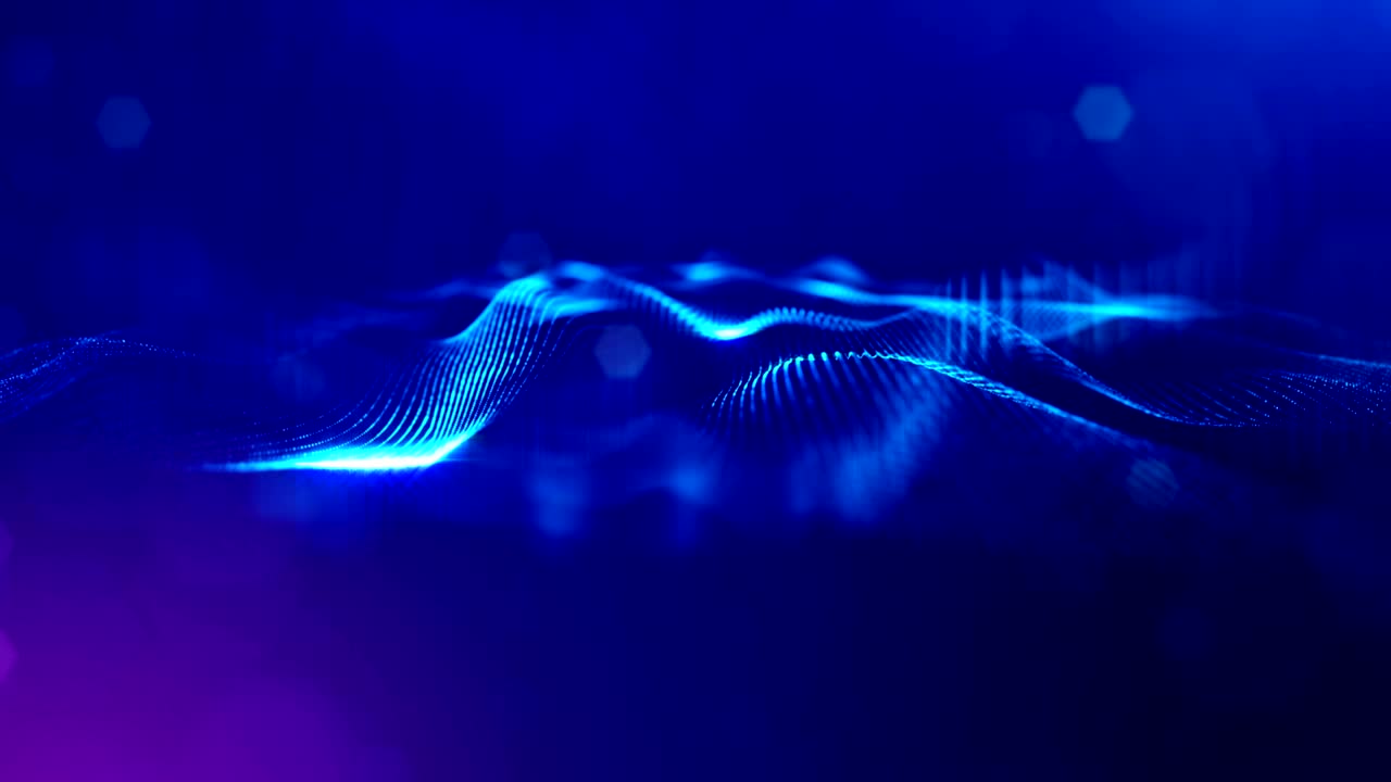 complex blue composition with luminous particles that form wavy structures in the air. 4k 3d looped smooth animation with glow paricles. sci-fi microworld or space background. 6