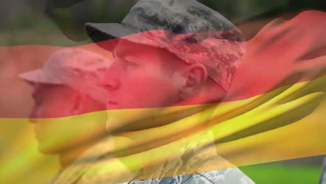 Animation-Der-Deutschen-Flagge-über-Verschiedenen-Männlichen-Soldaten