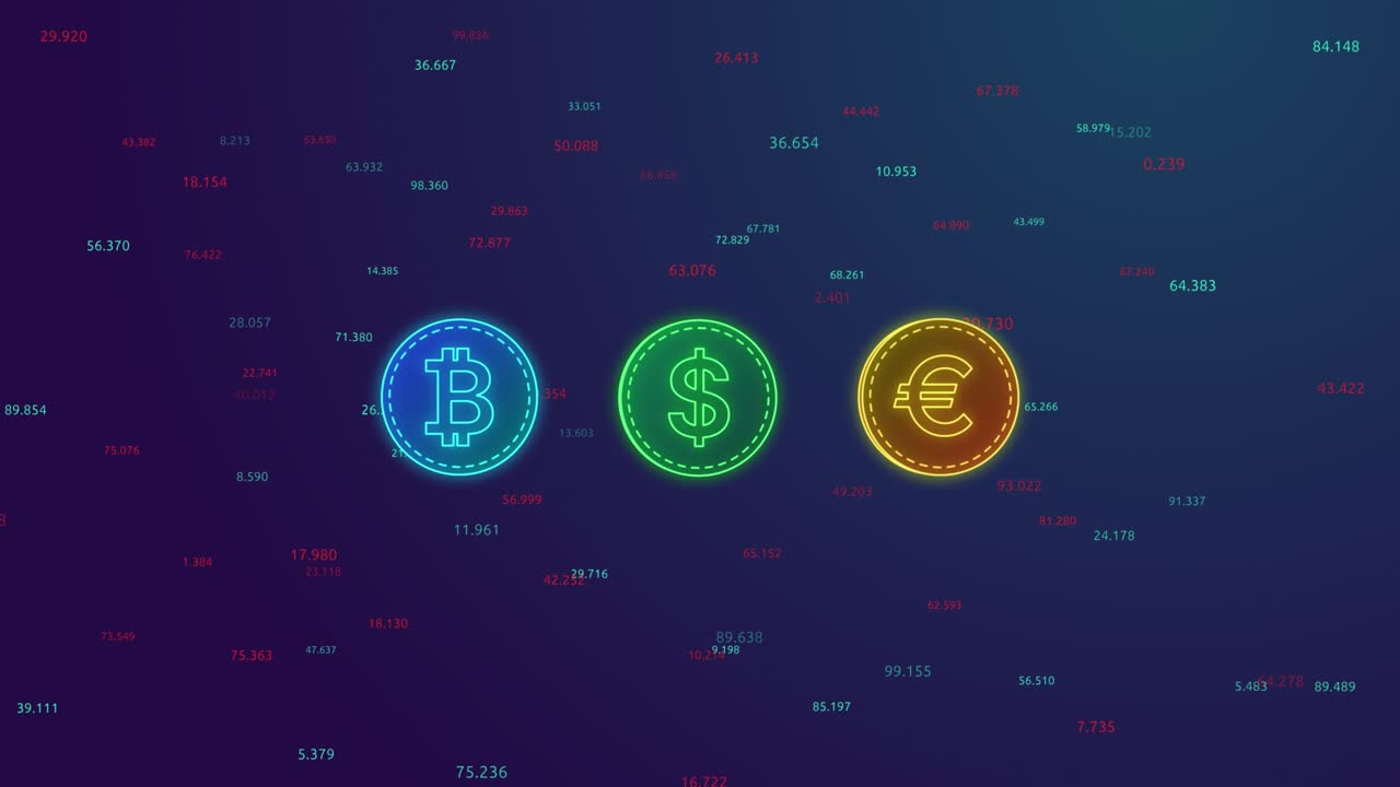 Bitcoin, Dollar and Euro sign digital coins. Crypto currency, Abstract futuristic cyberspace with numbers, matrix animation with digits. technology, finance concept. currency rate, trading, investment