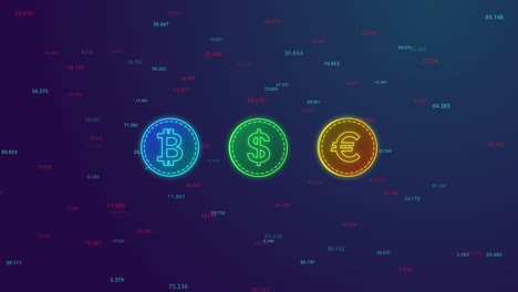 bitcoin, dollar and euro sign digital coins. crypto currency, abstract futuristic cyberspace with numbers, matrix animation with digits. technology, finance concept. currency rate, trading, investment
