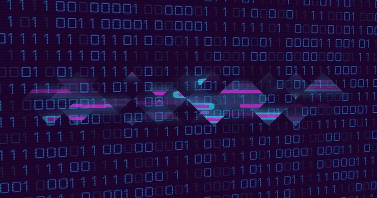 Glitch bars pulsing, neon band sliding and fragmenting across static binary grid showing data flow