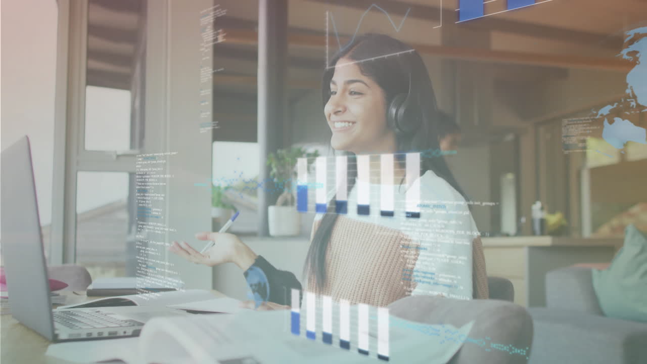 Engaging in virtual meeting, woman with headset viewing animation data visualization