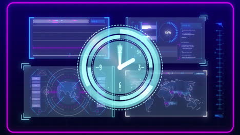 Animating-clock-and-data-charts-over-digital-dashboard-interface-in-school-setting