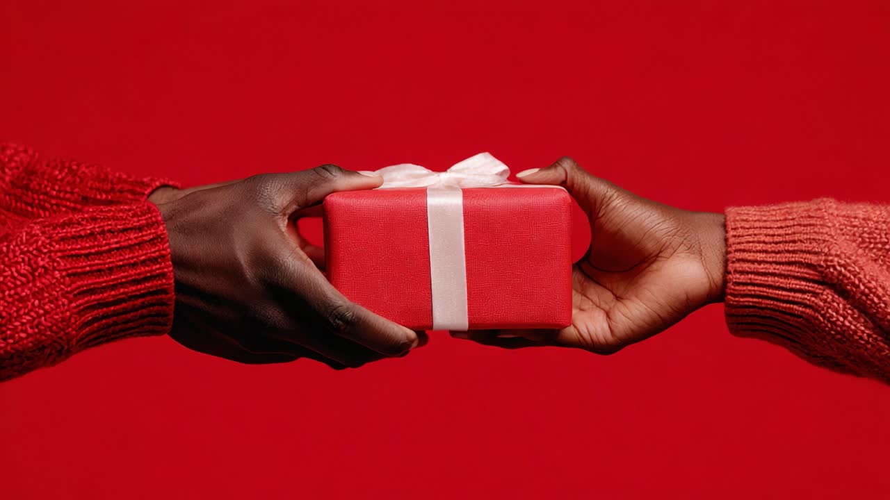 Due mani che si scambiano una scatola regalo rossa con un nastro bianco su uno sfondo rosso vivace, a simboleggiare generosità e la celebrazione di momenti condivisi