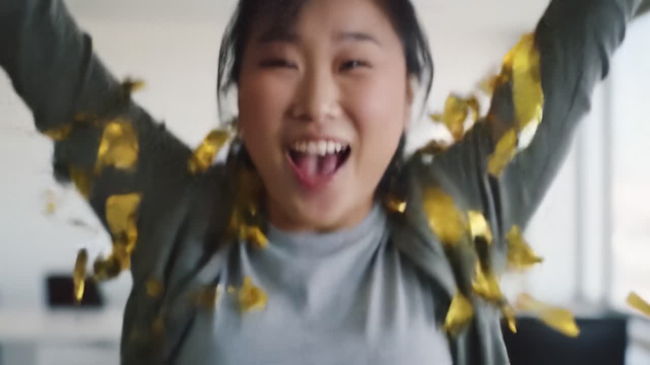 A woman joyfully celebrates while gold confetti showers around her in a bright office environment. Her excitement reflects a moment of achievement and happiness shared with colleagues.