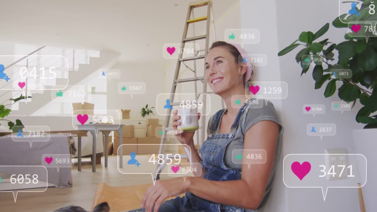 animación de barras de notificación sobre mujer caucásica con perro en el regazo bebiendo café en casa