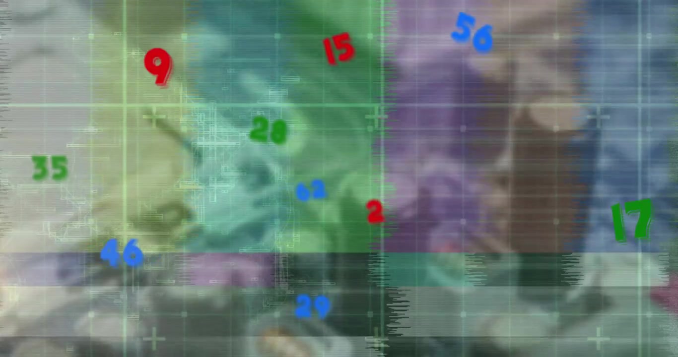Animation of colorful numbers floating over grid network against close up of a computer server