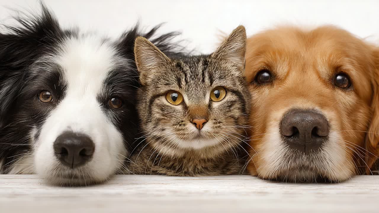 A Heartwarming Moment of Companionship: A Playful Dog, Curious Cat, and Loyal Golden Retriever Sharing a Friendly Bond in an Adorable Close-Up