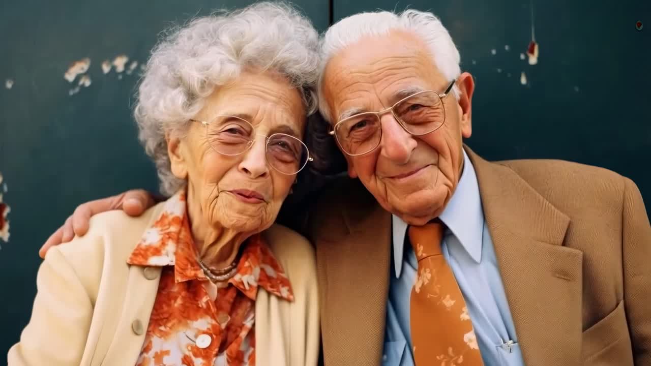 Casal de idosos sorrindo calorosamente para a câmera, ângulo de close-up