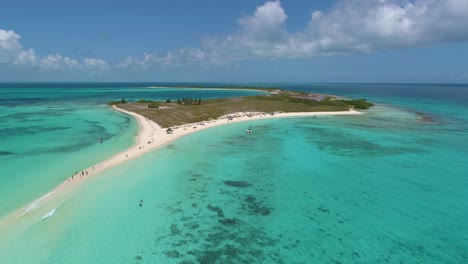 Drone-shot-dolly-out-cayo-de-agua-island,-beautiful-tropical-beach-scene,-Los-Roques