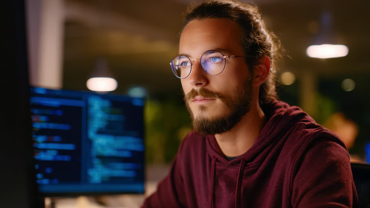 Focused Programmer Working Late at Night on Coding Project, Surrounded by Monitors Displaying Lines of Code in a Modern Tech Environment